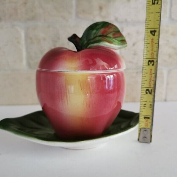 Vintage ESD Japan Apple Shaped Jam Jar Lidded Honey Pot Ceramic Lefton Leaf - Picture 8 of 8